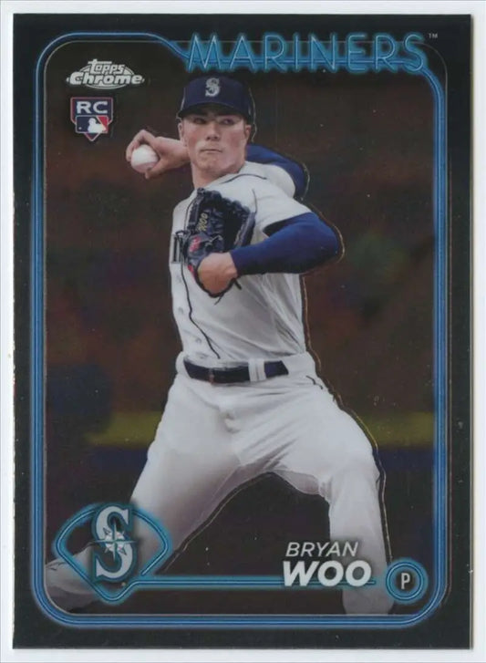 Topps Chrome Baseball Card of Bryan Woo, Seattle Mariners pitcher mid-throw in uniform