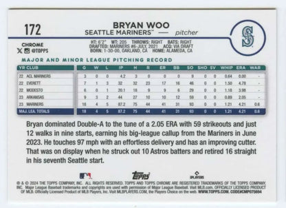 Bryan Woo Topps Chrome baseball card featuring statistics and biography for Seattle Mariners pitcher