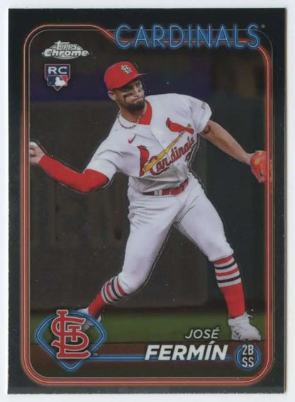 Baseball card of Jose Fermin in white and red, St. Louis Cardinals fielding motion