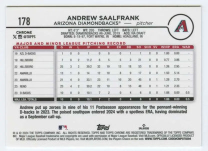 Andrew Saalfrank Topps Chrome baseball card featuring Arizona Diamondbacks stats and info