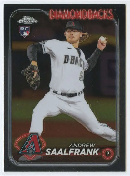 Baseball card of Andrew Saalfrank mid-delivery in white uniform for Arizona Diamondbacks