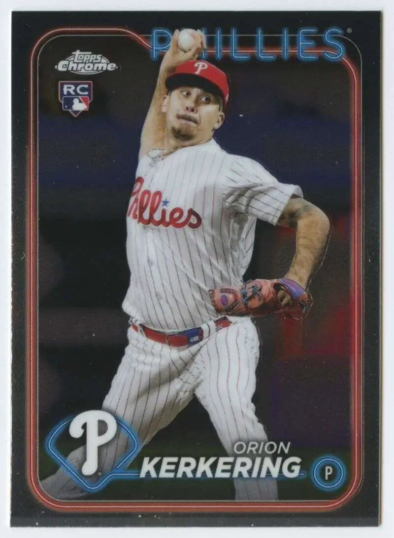 Baseball card of Orion Kerkering in mid-throw for Philadelphia Phillies 2024 Topps Chrome