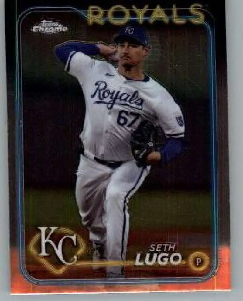 Seth Lugo Kansas City Royals baseball card in mid-throwing motion wearing number 67