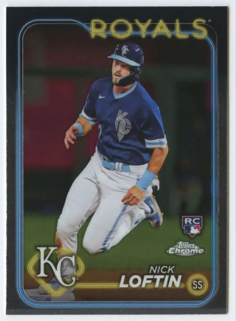 Baseball card of Nick Loftin in blue Kansas City Royals uniform from Topps Chrome