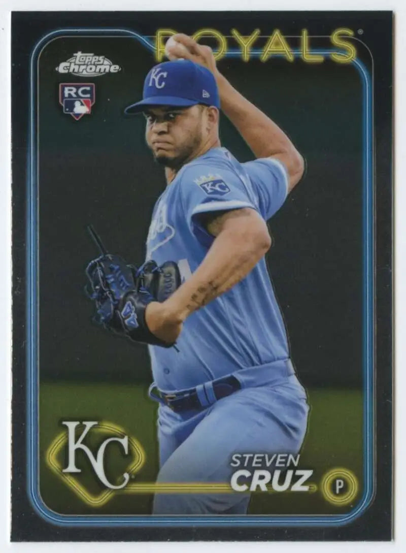 Steven Cruz Topps Chrome baseball card in light blue uniform mid-delivery pitch