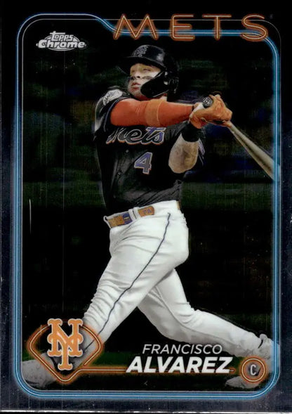 Baseball card of Francisco Alvarez in black jersey swinging bat, Topps Chrome NM-MT