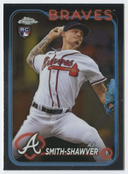 Atlanta Braves pitcher mid-throwing in 2024 Topps Chrome #19 AJ Smith-Shawver Baseball Card