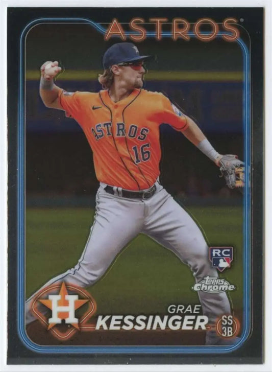 Grae Kessinger throws a ball in an orange jersey on his Houston Astros baseball card