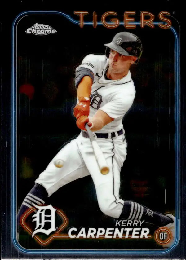 Baseball card of Kerry Carpenter swinging in white home uniform for Detroit Tigers Topps Chrome