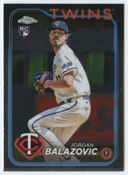 Jordan Balazovic pitching in a white uniform on 2024 Topps Chrome Minnesota Twins card