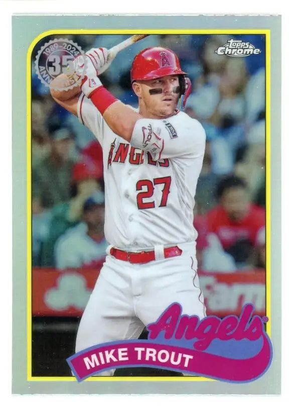 Baseball card of Mike Trout in batting stance from Topps Chrome 1989 Refractor