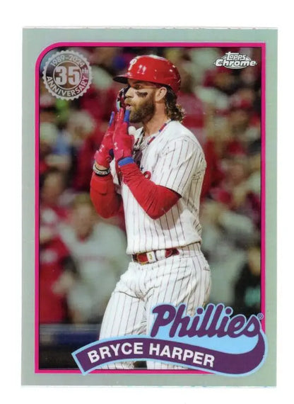 2024 Topps Chrome Bryce Harper baseball card featuring Philadelphia Phillies player in pinstripes