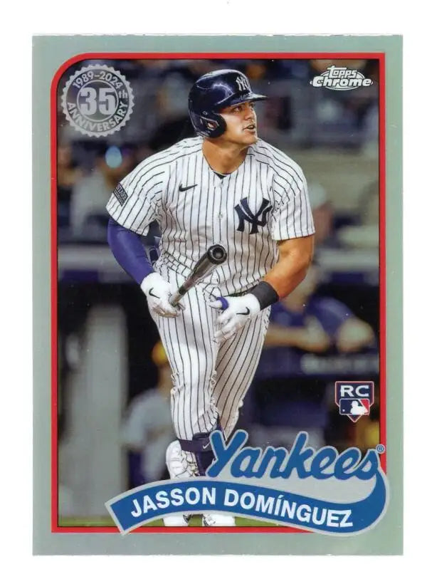 Baseball card of Jasson Dominguez in New York Yankees pinstripe uniform