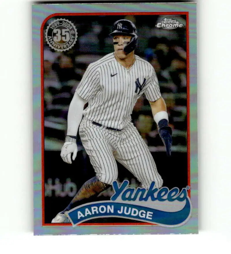 Baseball card of Aaron Judge in pinstriped uniform from Topps Chrome 1989 Refractor