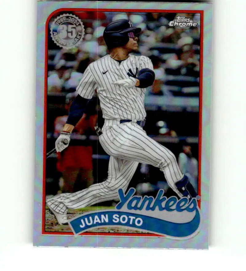 Baseball card of Juan Soto in New York Yankees pinstripe uniform mid-swing