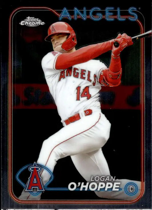 Baseball card of Los Angeles Angels player Logan O’Hoppe swinging a bat