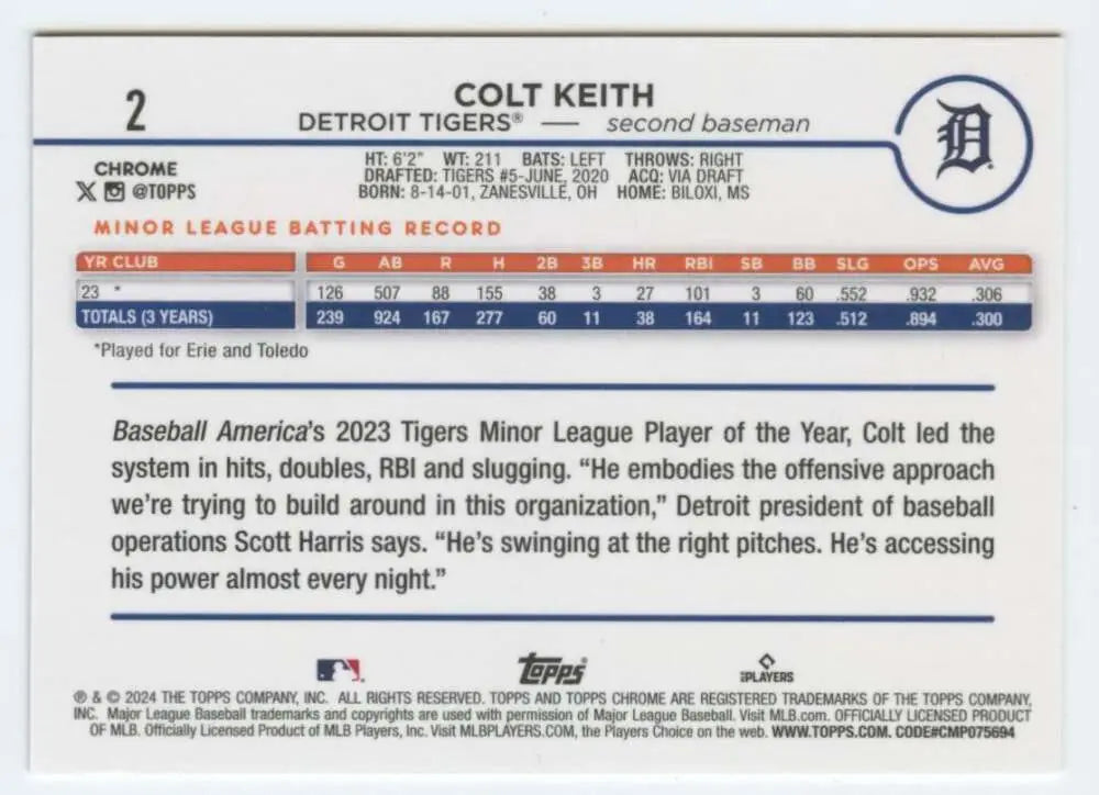 Baseball card featuring Colt Keith’s minor league stats with Detroit Tigers achievements