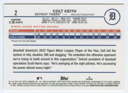 Baseball card featuring Colt Keith’s minor league stats with Detroit Tigers achievements