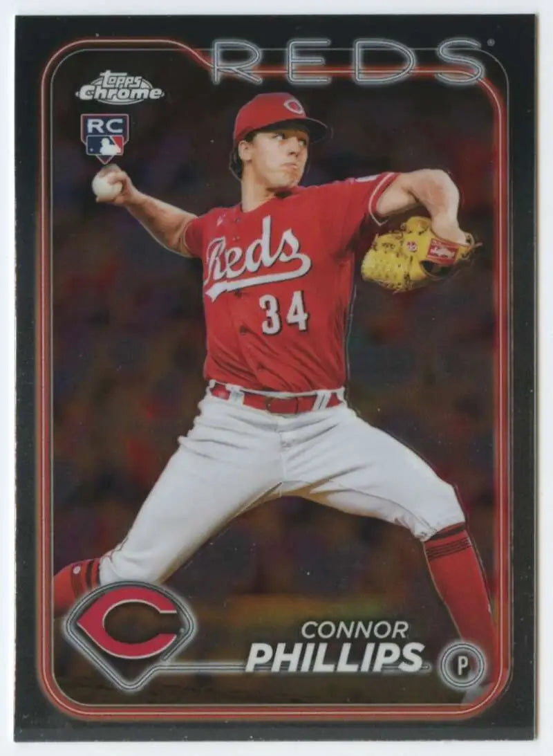 Cincinnati Reds #34 Connor Phillips baseball card mid-throw in red uniform