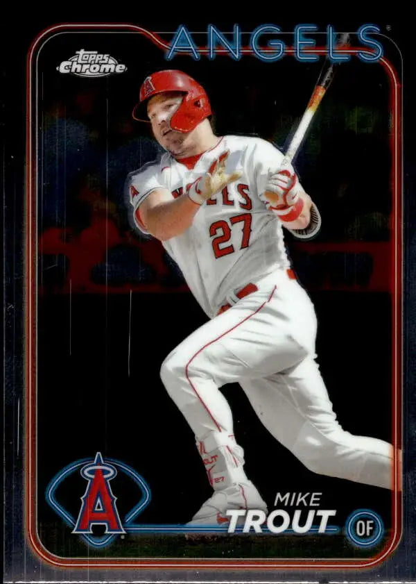 Mike Trout swinging bat in white Angels uniform #27 on Los Angeles Angels baseball card