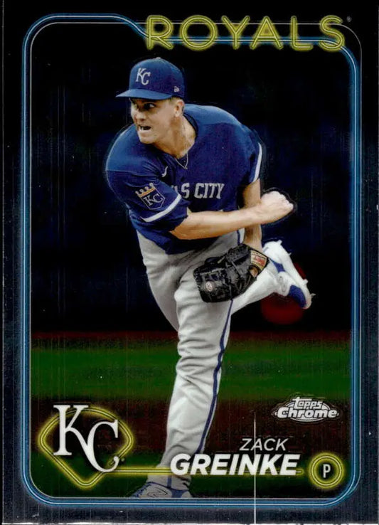 Kansas City Royals pitcher in navy blue jersey mid-pitching on 2024 Topps Chrome card