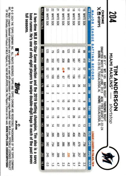 Tim Anderson Miami Marlins Baseball Card with player statistics and data displayed