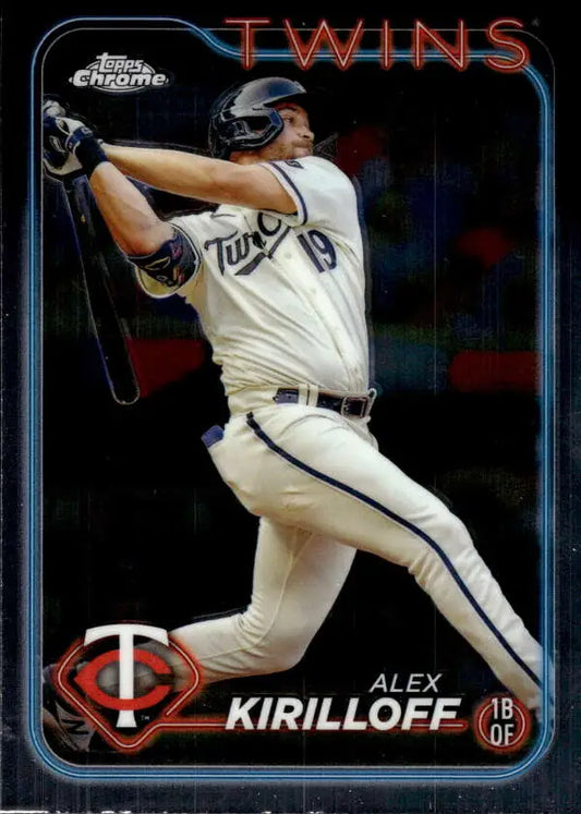 Baseball card of Alex Kirilloff mid-swing for Minnesota Twins in Topps Chrome series