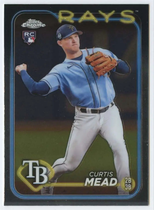 Tampa Bay Rays Curtis Mead 2024 Topps Chrome rookie card in throwing motion