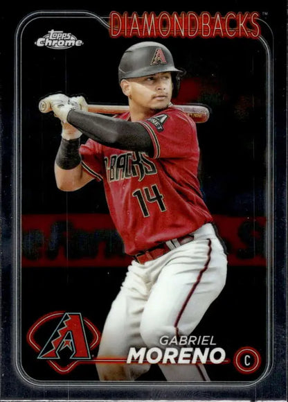 Gabriel Moreno in red jersey batting on 2024 Topps Chrome Arizona Diamondbacks Baseball Card