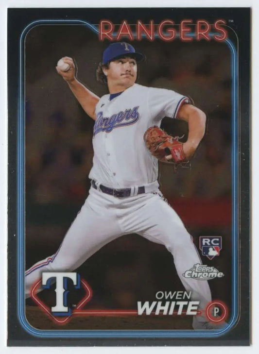 Owen White Topps Chrome RC Baseball Card showcasing Texas Rangers pitcher in action