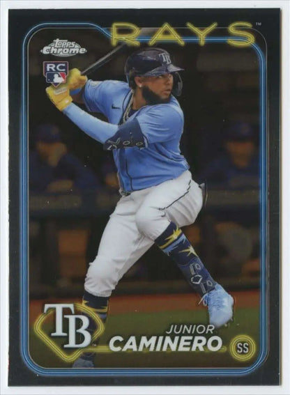 Tampa Bay Rays Junior Caminero batting on 2024 Topps Chrome #213 baseball card