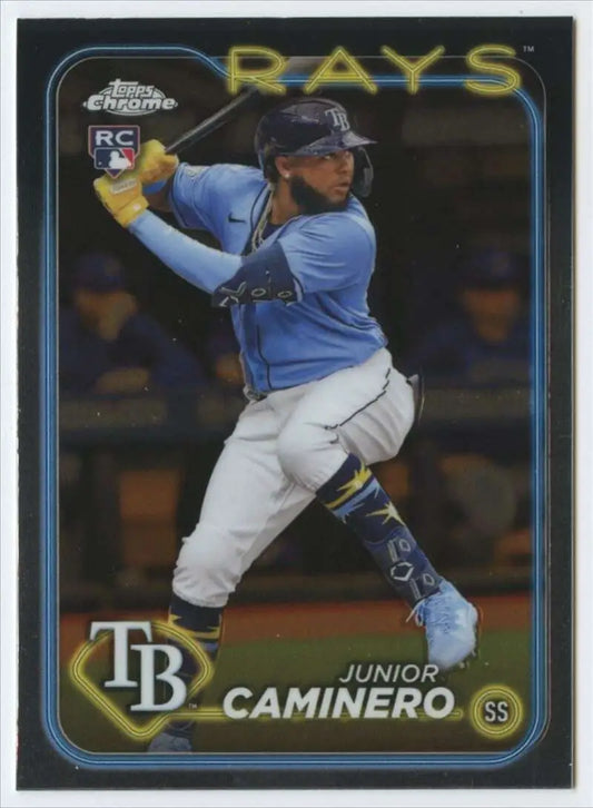 Junior Caminero at bat in light blue jersey on 2024 Topps Chrome Tampa Bay Rays Card