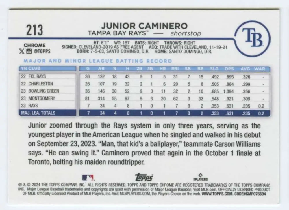 Baseball card featuring Junior Caminero’s minor league stats with the Tampa Bay Rays