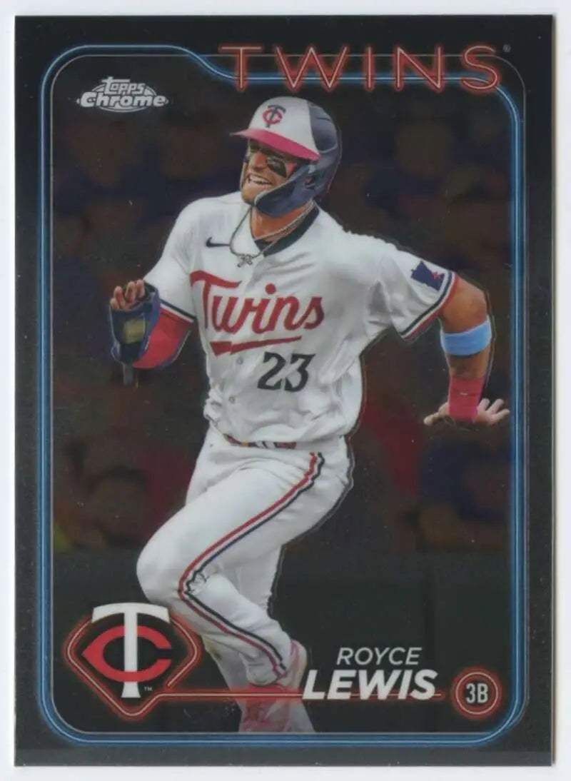 Baseball card of Royce Lewis in a white Minnesota Twins jersey, Topps Chrome product