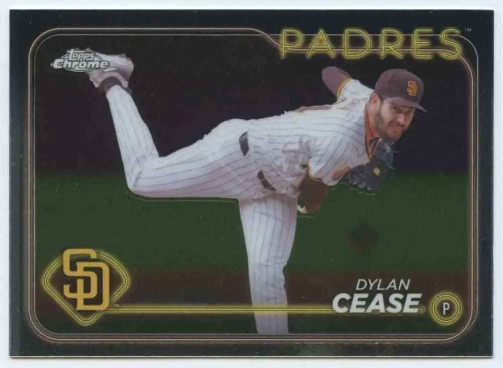 Dylan Cease in mid-delivery on a Topps Chrome San Diego Padres baseball card