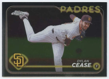 Dylan Cease in mid-delivery on a Topps Chrome San Diego Padres baseball card