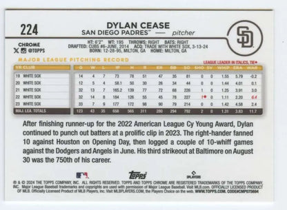 Baseball card featuring Dylan Cease stats and highlights with San Diego Padres Topps Chrome