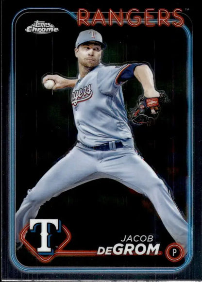 Baseball card of Jacob deGrom in mid-throw wearing gray Texas Rangers uniform