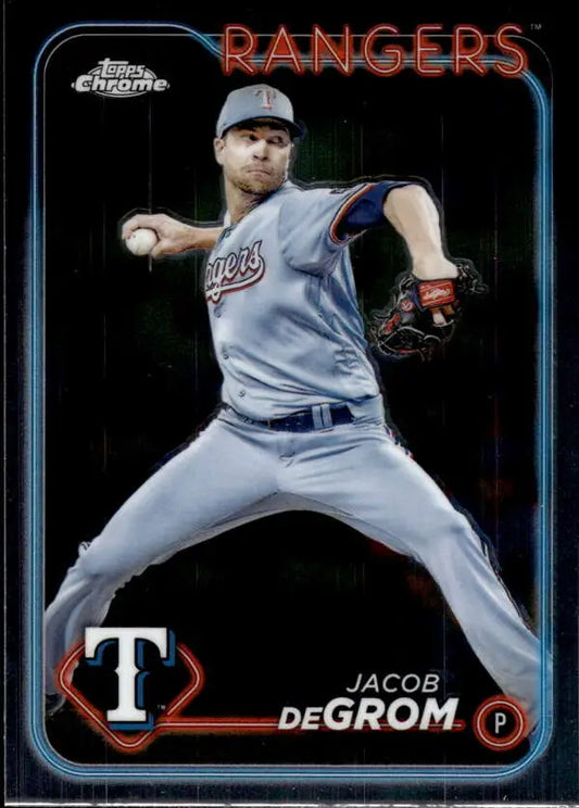 Baseball card of Jacob deGrom in mid-throw wearing gray Texas Rangers uniform