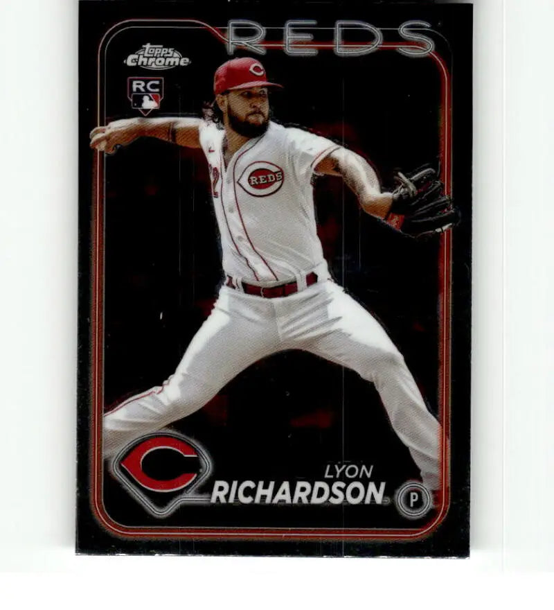 Lyon Richardson mid-throw in white home uniform on 2024 Topps Chrome Cincinnati Reds card