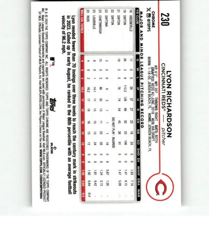 Baseball scorecard featuring stats for Lyon Richardson, Cincinnati Reds Topps Chrome card