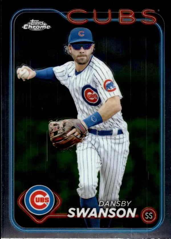 Baseball card of Dansby Swanson in Chicago Cubs pinstriped uniform from Topps Chrome