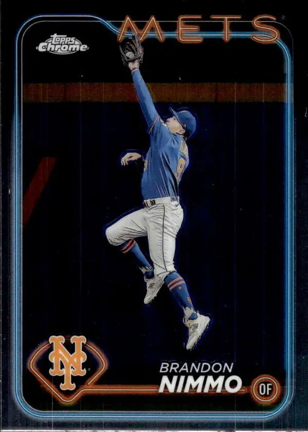 Brandon Nimmo leaps in blue Mets uniform on 2024 Topps Chrome baseball card