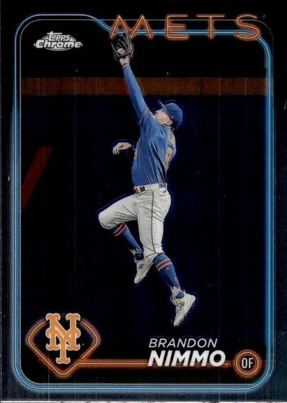 Brandon Nimmo leaps in blue Mets uniform on 2024 Topps Chrome baseball card