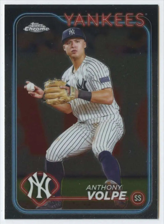 Baseball card of Anthony Volpe in Yankees pinstripe uniform from Topps Chrome