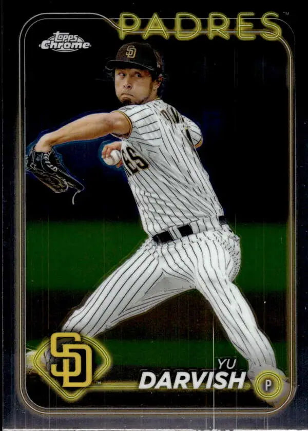 Baseball card of Yu Darvish in pinstripe uniform for San Diego Padres mid-throw