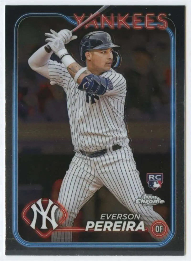 Baseball card of Everson Pereira in pinstripe uniform for Topps Chrome Yankees collection