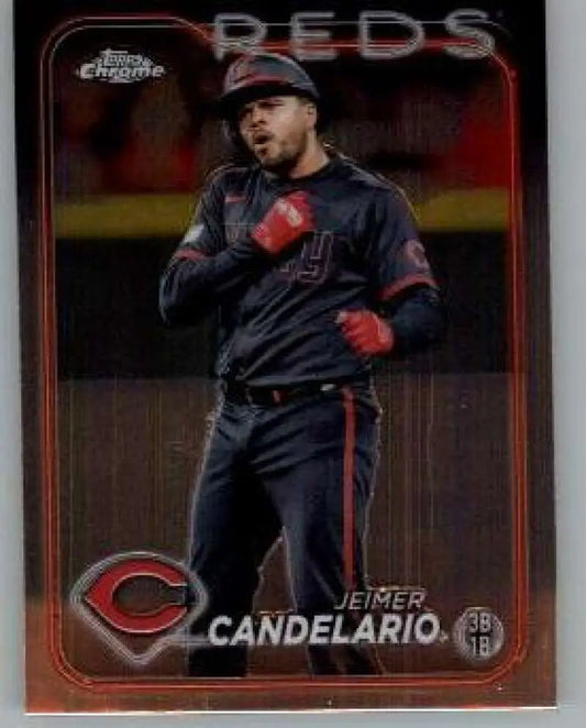 Jeimer Candelario Cincinnati Reds Topps Chrome baseball card in dark uniform with red accents