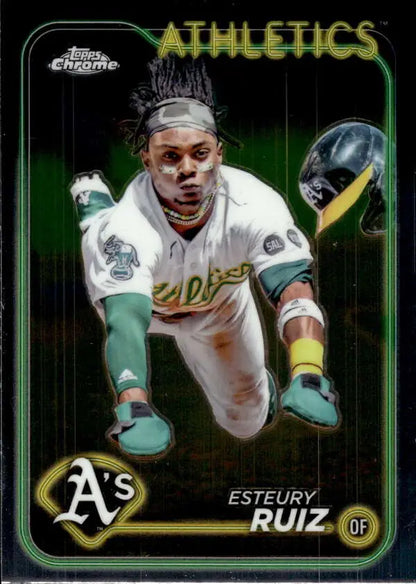 Baseball card of Esteury Ruiz sliding into a base for the Oakland Athletics