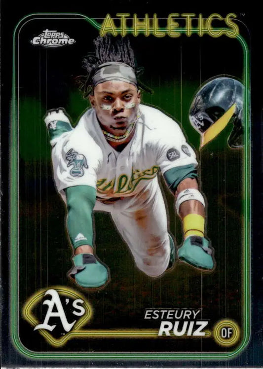 Baseball card of Esteury Ruiz sliding into a base for the Oakland Athletics